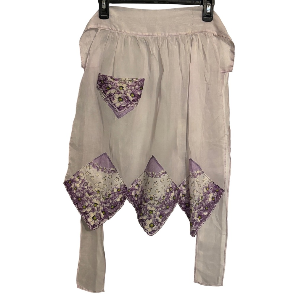 Vintage Lavender White Floral Handkerchief Hem Sheer Organza Half Apron